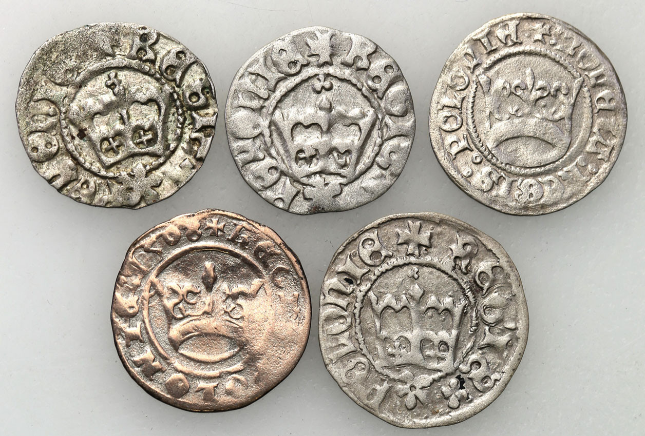 Kazimierz IV Jagiellończyk, Aleksander Jagiellończyk, Zygmunt I Stary. Półgrosz, Kraków, zestaw 5 monet